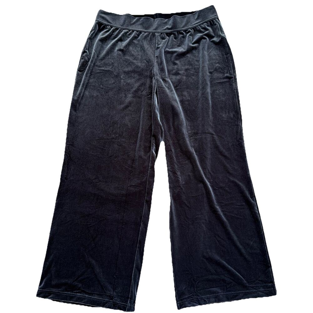 Lands' End Velour Pants Womens 2X Gray/Blue Pull On Wide Leg High Waist Party
